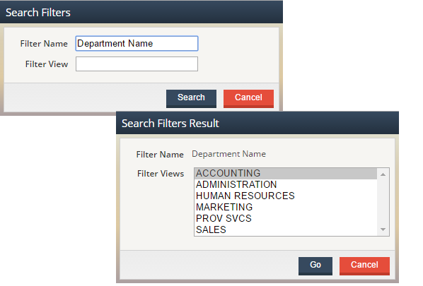 Screenshot showing Search Filters dialog and corresponding results.